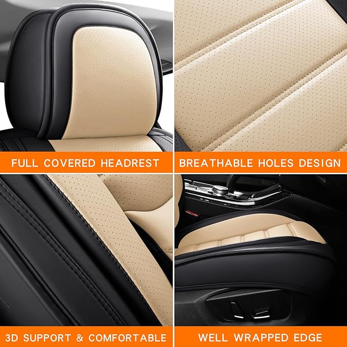Car Seat Covers Full Set, Brown Car Seat Cover Lumbar Support, Car Seat Protector Waterproof, Nappa Leather Car Seat Cushion, Front Seats and Back Fit for Most Cars Beige