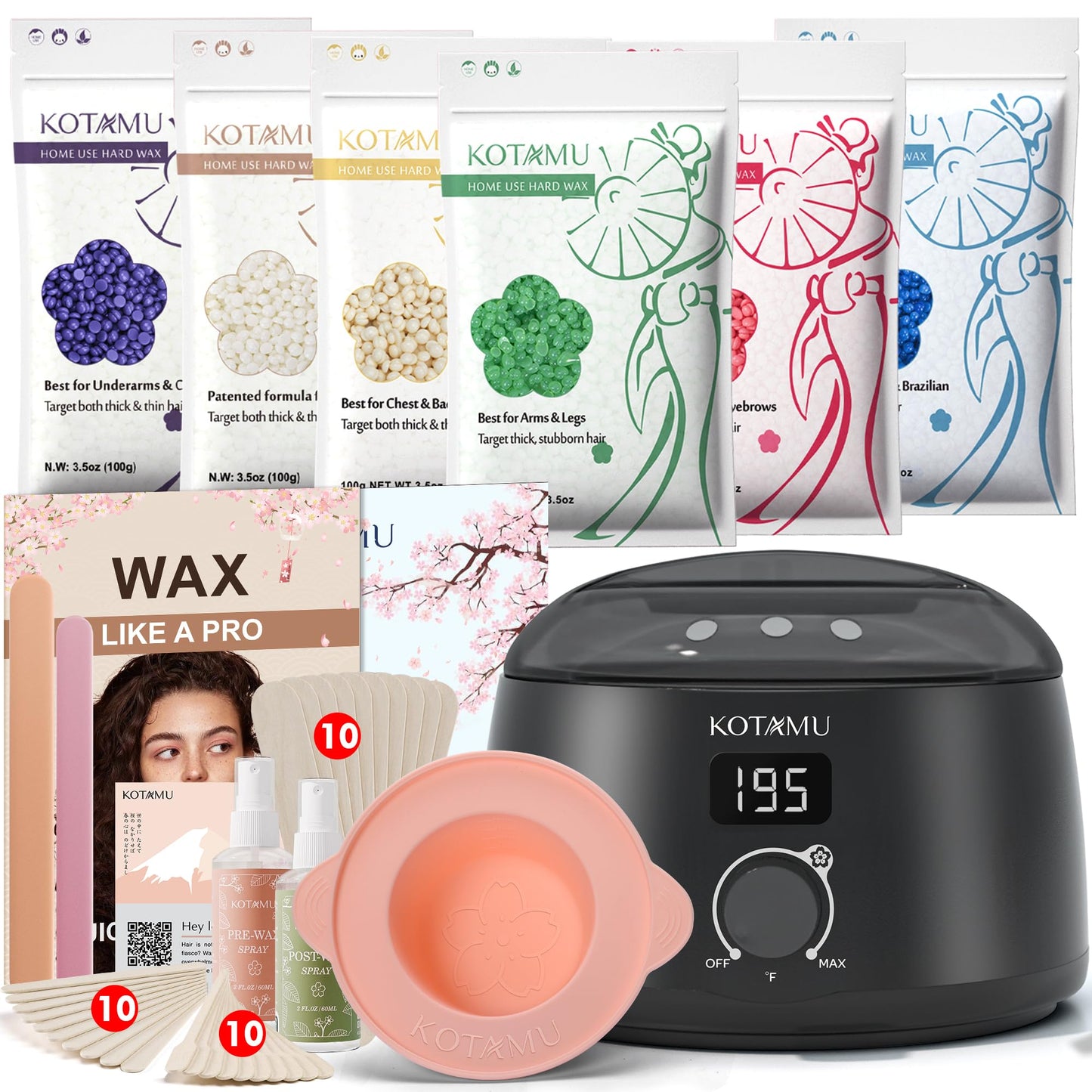 Kotamu Waxing Kit-Professional Wax Warmer For Women& Men Hair Removal,Black Hard Wax Kit With Silicone Waxing Pot, Sensitive Ski