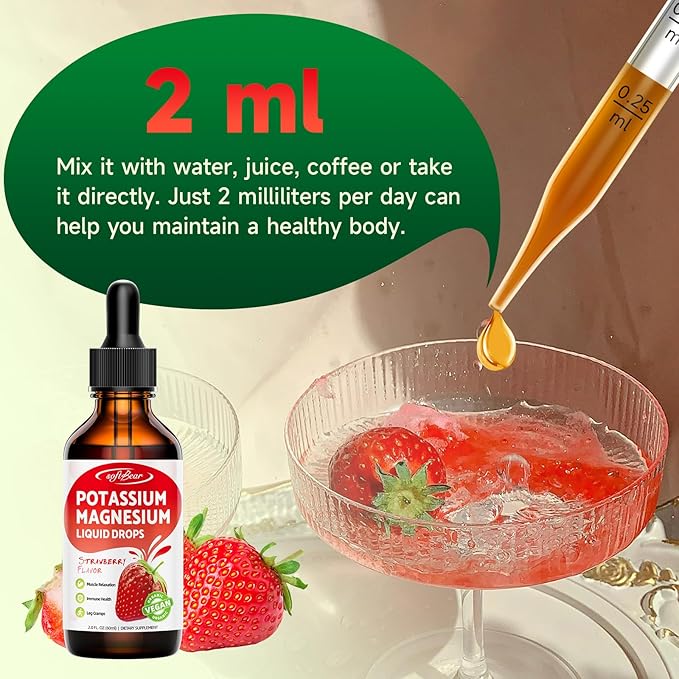 softbear Potassium Magnesium Liquid Drops, High Absorption Calcium Magnesium Potassium Liquid for Bone & Muscle Health Liquid Potassium and Magnesium Supplement Drops Strawberry Flavor 2 Fl Oz