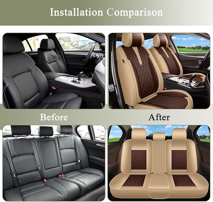 Breathable Car Seat Covers for Hyundai Santa Fe 2007-2025 2026, Perforated Leather Full Set 5 Seats, for Hyundai Santa Fe Accessories (Beige&Brown)
