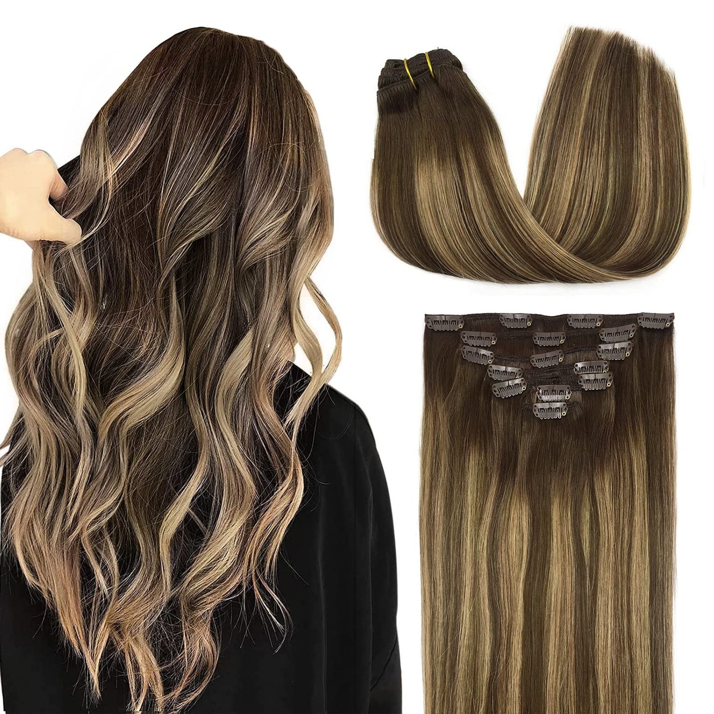 Doores Balayage Clip In Human Hair Extensions Chocolate Brown To Caramel Blonde Remy Hair Clip In Extensions Straight Natural Ha