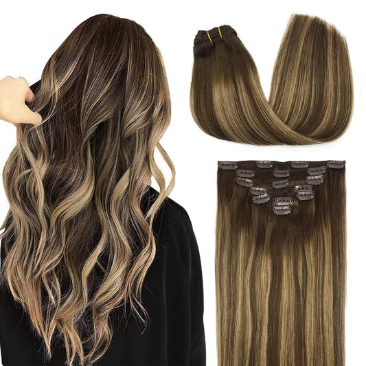 Doores Balayage Clip In Human Hair Extensions Chocolate Brown To Caramel Blonde Remy Hair Clip In Extensions Straight Natural Ha