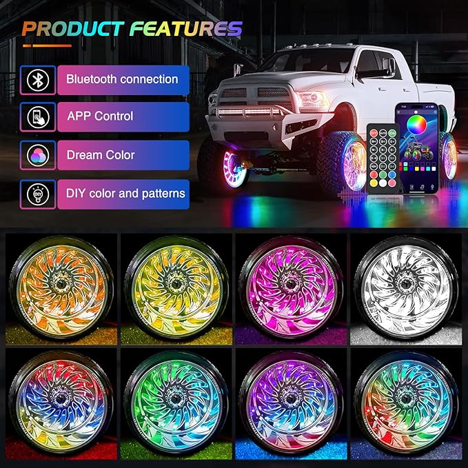 Nilight 4PCS 15.5inch Wheel Ring Lights Deram Color with APP and Remote Control Neon Lights Million Colors w/Turn Signal and Braking Function for Car Van SUV Truck