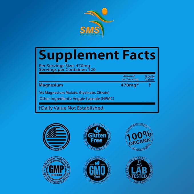 Magnesium Complex | 470mg of Magnesium Glycinate, Malate, & Citrate for Muscles, Nerves, & Energy | High Absorption | Vegan, Non-GMO | 120 Capsules