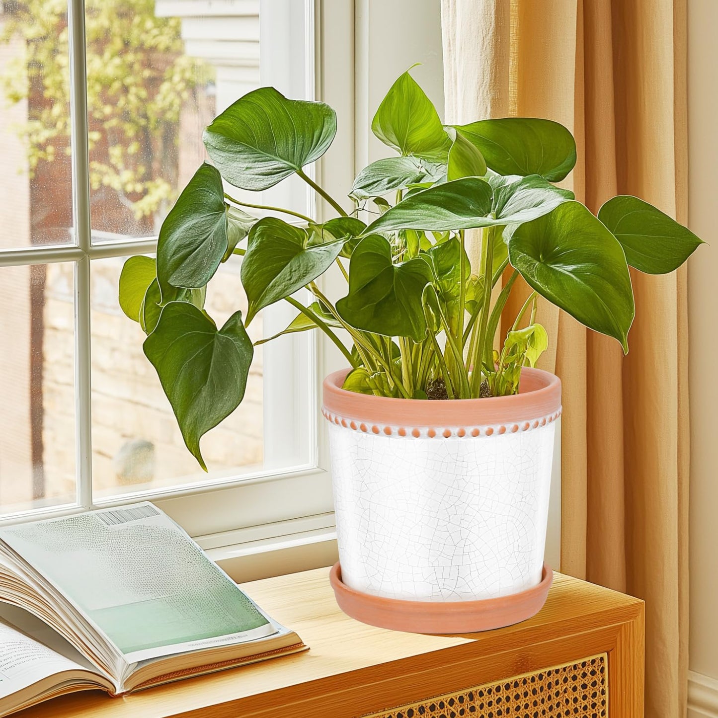 KERUITA 8 Inch Ceramic Plant Pot with Drainage and Saucer – Crackle Glaze White, Large House Plant Pot, Planters for Indoor Plants, Pots for Indoor Plants, Decorative Ceramic Pot for Home & Office