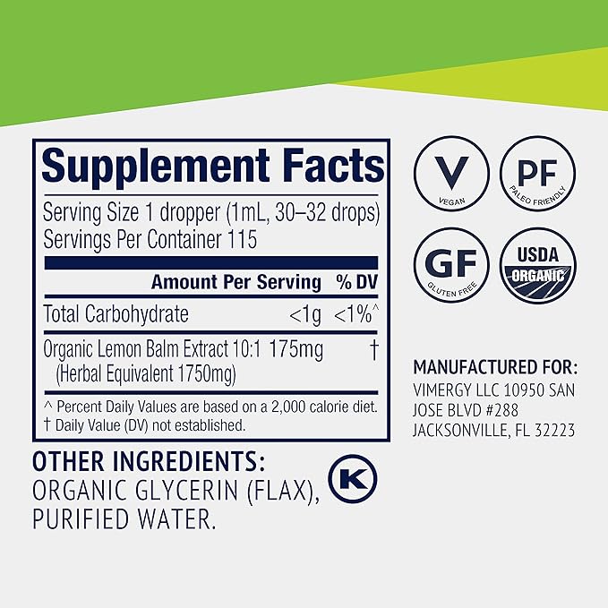 Vimergy Organic Lemon Balm Tincture Herbal Supplement – 175 mg of 10:1 Lemon Balm Extract per Serving, can be Used in Tea - USDA Certified Organic, Non-GMO, Alcohol-Free –115 mL (1 mL/Serving)