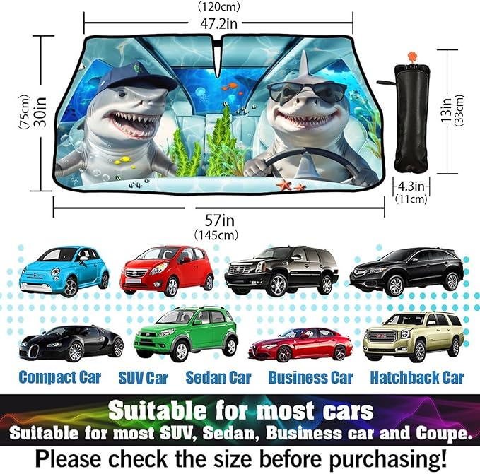 CHILL·TEK Funny Animal Car Windshield Sun Shade Umbrella, Funny Shark Car Sun Shade Umbrella, Block UV Rays Heat Foldable Windshield Umbrella Sun Visor Protector - Keep Vehicle Cool for Cars SUV