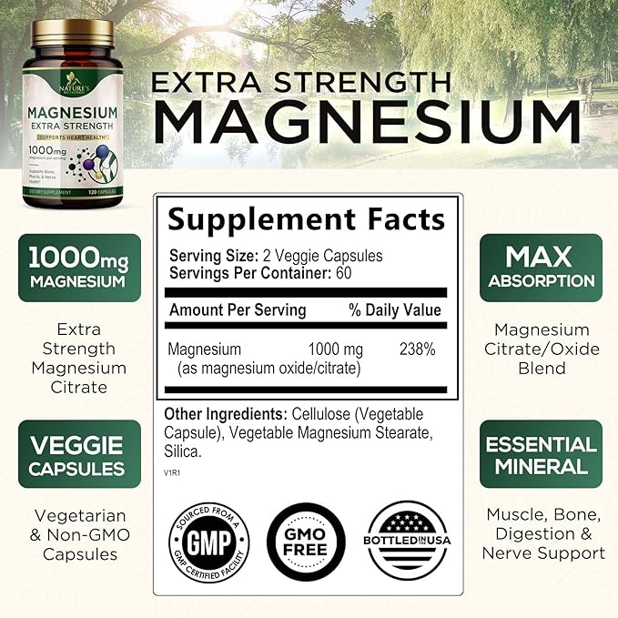 Magnesium Supplement (Citrate Oxide) 1000mg for Best Absorption, Supports Bone, Heart Health, Nerves, Muscles & Metabolism, Nature's Pure Magnesio Vitamin Pills, Bottled in USA, 120 Capsules