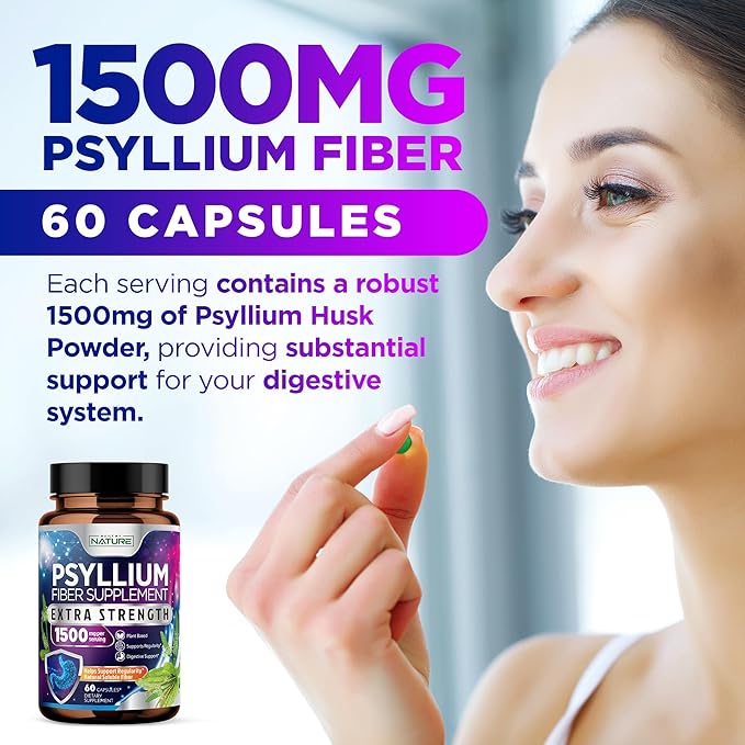 Psyllium Husk Capsules 1500mg - Fiber Supplement - Natural Soluble Fiber Pills with Psyllium Husk Powder - Supports Digestive Gut and Colon Health - Non-GMO, Gluten-Free, Vegan - 60 Capsules