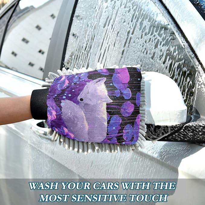 Emelivor Sleeping Fox Mushroom Fall Violet Car Wash Mitt Microfiber Cleaning Gloves Scrub Mitts Brush Scratch Free for Home Car Wash Kit 2-Pack
