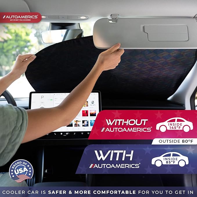 Autoamerics 2-Piece Windshield Sun Shade - Holographic Foldable Car Front Window Sunshade for Most Cars SUV Truck - Heat Blocker Visor Protector Blocks Max UV Rays and Keeps Your Vehicle Cool - Medium