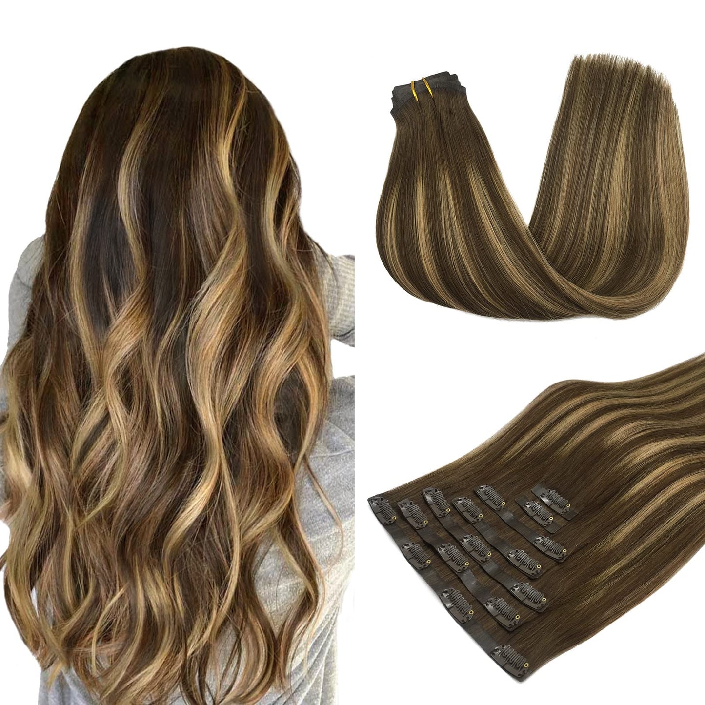 Hair Extensions Clip In Human Hair, 7Pcs 110G Balayage Chocolate Brown To Caramel Blonde 18 Inch, Maxita Seamless Clip In Hair E
