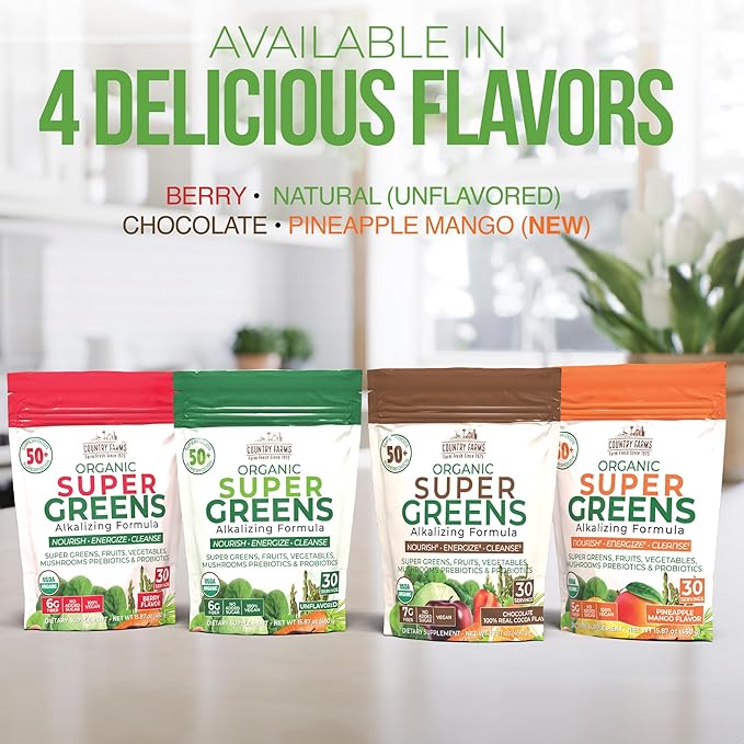 COUNTRY FARMS Super Greens Berry Flavor, 50 Organic Super Foods, USDA Organic Drink Mix (Wheat Grass, Spirulina, Chlorella) Mushrooms & Probiotics, with Fiber, Gut Health, Natural Energy, 30 Servings