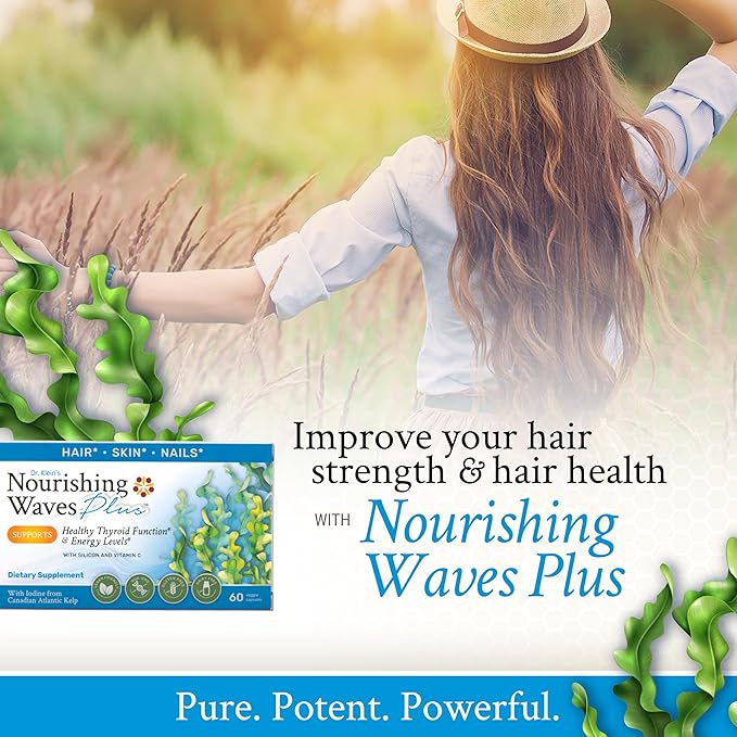Nourishing Waves Plus - Thyroid Support Supplement with Kelp, Iodine, Selenium & Biotin - Vitamin B Complex (B1, B3, B6) for Healthy Hair, Skin & Nails for Men & Women, Prevent Hair Loss - 60 Capsules