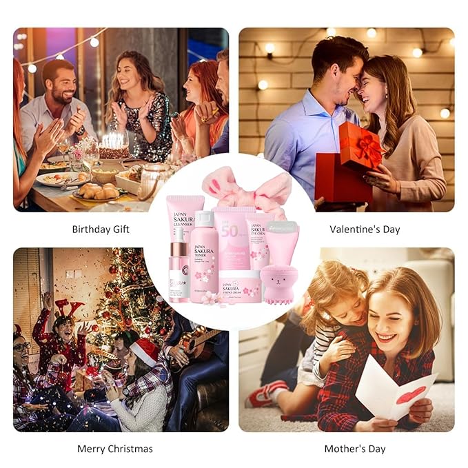 9 Pcs Japan Sakura Skincare Set Teen Girls Gifts - Skin Care for Teens 10-12 - Japanese Skin Care Routine Kit for Women - Travel Size Face Care Set with Cleanser,Sunscreen,Headband,Roller
