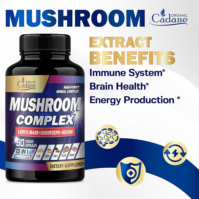 Cadane Mushroom Complex Supplements - 13in1 Concentrated with Lions Mane, Cordyceps Sinensis, Reishi, Turkey Tail Mushroom, Maitake, Chaga, Shiitake, Enoki, Agaricus, Oyster & More - 90 Vegan Capsules