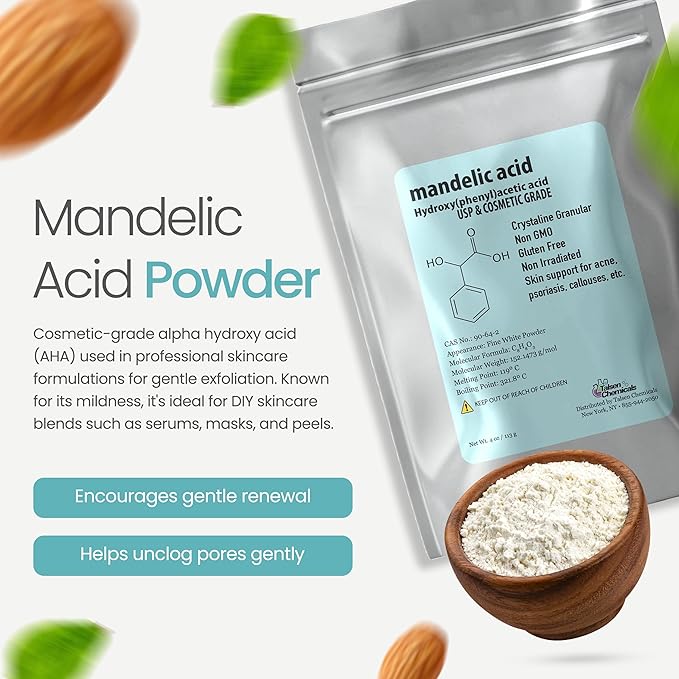 Mandelic Acid Powder 99.9% Purity, DIY Cosmetic Grade For Mandelic Acid Serum, Peel/Mask or add to Cream, Moisturizer (4 Ounce / 113 Gram)