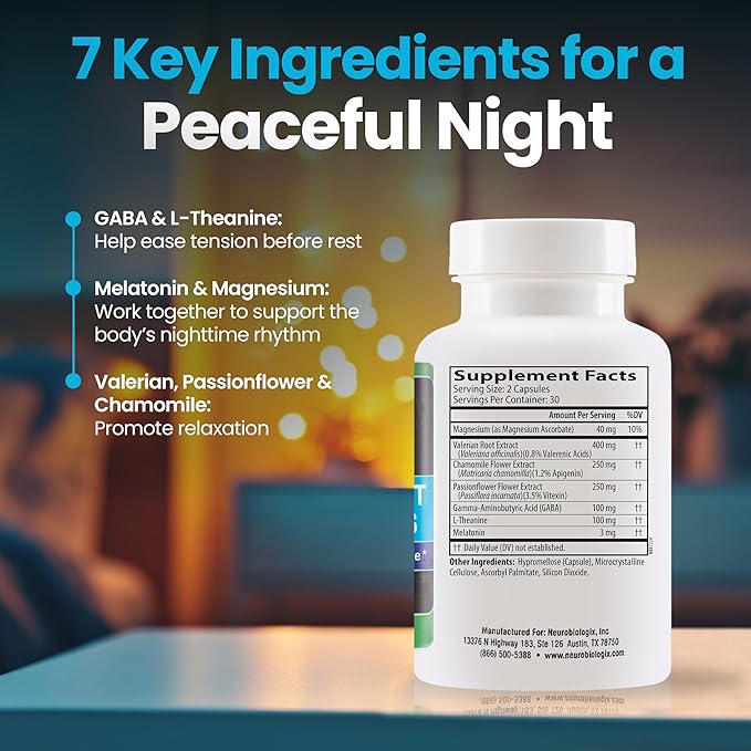 Neuro Night Essentials – Natural Nighttime Support with GABA, Melatonin, Valerian Root, LTheanine, Magnesium & More – Promotes Relaxation, Mood Balance & Rest – 60 Veg Capsules – Made in The USA