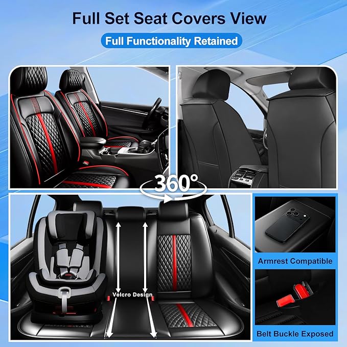 Fit CX-3 Car Seat Covers (Front Pair) for Select Mazda CX3 2016-2024 - Premium Full Coverage Leather, Airbag Compatible & Scratch-Resistant, Waterproof All Weather Seat Protector, Red Trim