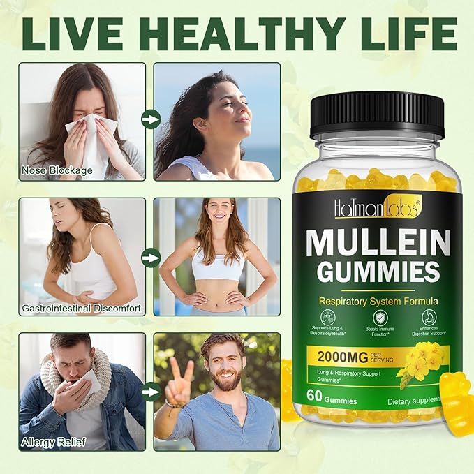 Mullein Gummies for Lungs, 2000 MG(50:1 Extract) Mullein Leaf Extract for Lung Cleanse and Respiratory Support, Natural Mullein Herbal Supplement, Pear Flavor Gummies 60 Count