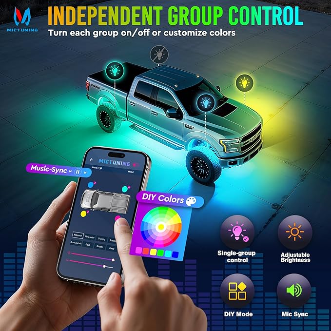 MICTUNING Q2+ MAX RGB+IC Rock Lights - 8 Pods Multi-Color DIY Effect Underglow Neon Kit, Individual Group Control, APP Music Sync, IP68 Waterproof