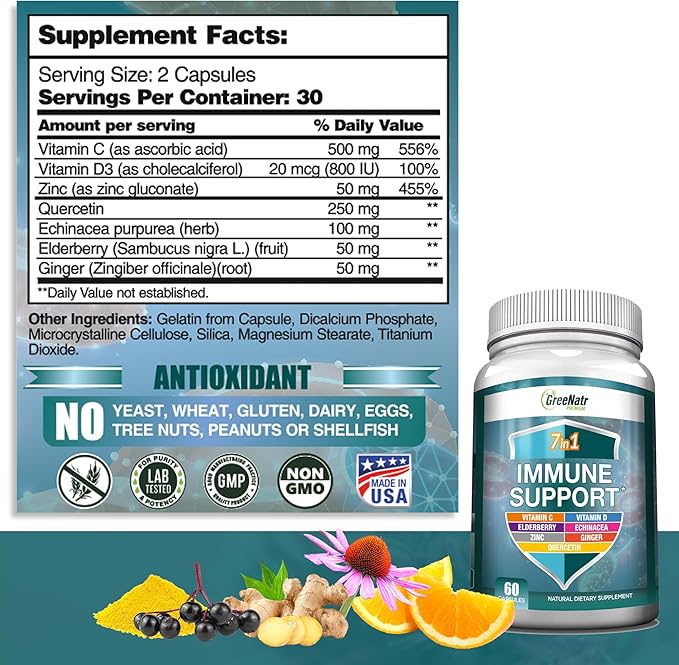 7 in 1 Immune Support Supplement with Vitamin C, D3, Zinc 50mg, Quercetin, Echinacea Purpurea, Sambucus Elderberry and Ginger for Complete Immune Defense - 60 Capsules (3 Bottles)
