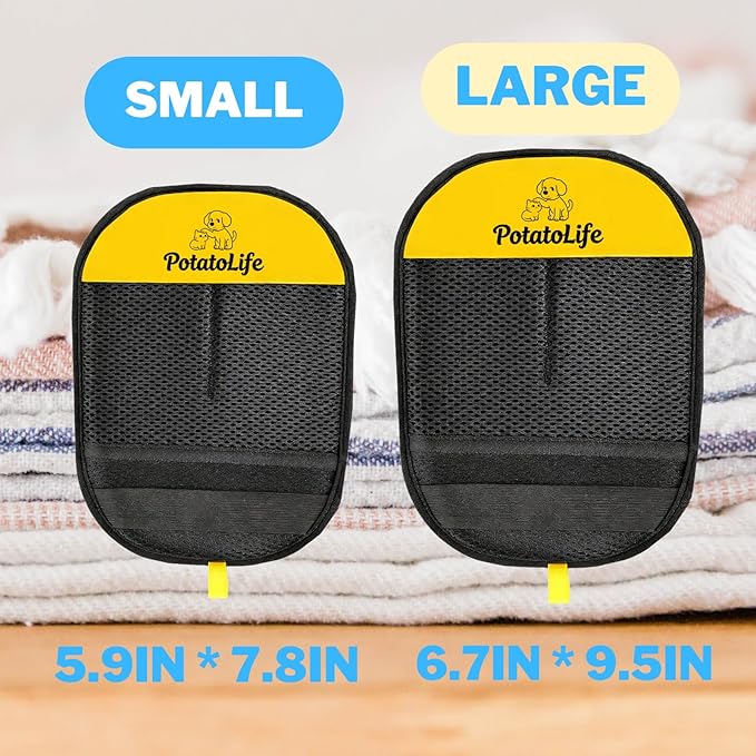 PotatoLife Pet Hair Removal Glove Upgraded Reusable Electrostatic Washable Fur Remover for Dogs Cats, Grooming Mitt for Couch, Sofa, Furniture, Carpet, Clothing and Car Seat, 2-Pack Large&Small