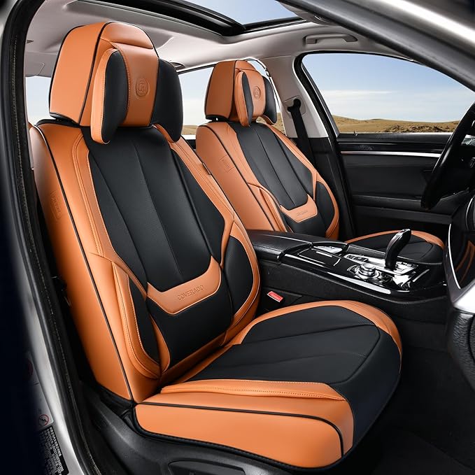 Coverado Universal Seat Covers Full Set, 5 Seats Universal Seat Covers for Cars, Waterproof Nappa Leather Car Seat Covers with Head Pillow, Auto Protectors Fit for Most SUV Pick-up Truck-Black&Brown