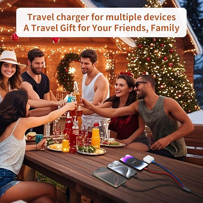 6FT 2Packs Travel 4 in 2 Charging Cable with Dual Type-C Ports, USBA/C Multi Charging Cable for Multiple Devices, Tinned Copper Universal Car Charger for iPhone17-12, Android Tablet Pad and More
