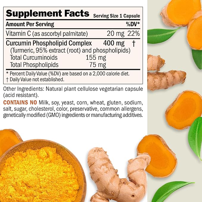 ANDREW LESSMAN Turmeric 400mg - 60 Capsules - 95% Curcuminoids as Phospholipid Complex for Optimum Benefits and Absorption, High Potency Standardized Extract, Small Easy to Swallow Capsules