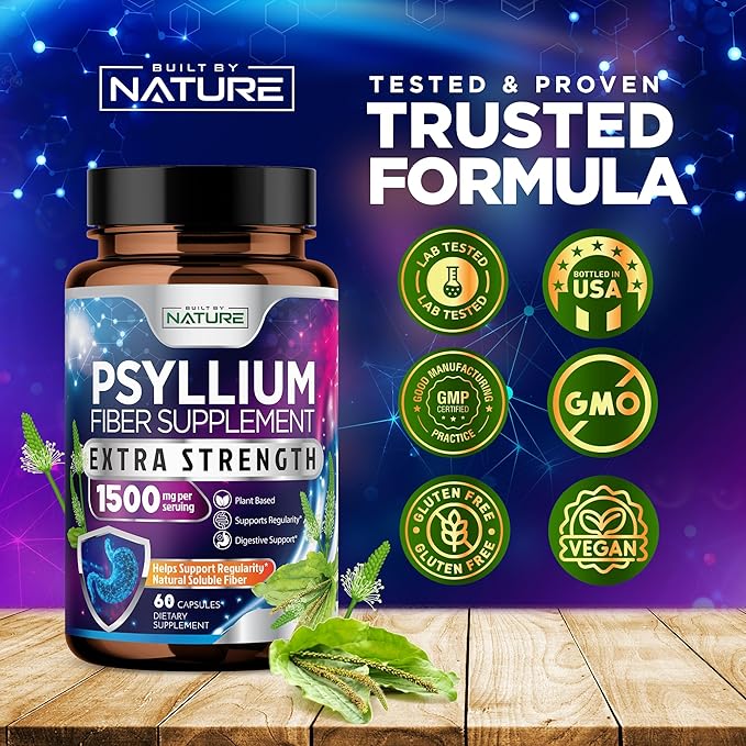 Psyllium Husk Capsules 1500mg - Fiber Supplement - Natural Soluble Fiber Pills with Psyllium Husk Powder - Supports Digestive Gut and Colon Health - Non-GMO, Gluten-Free, Vegan - 60 Capsules