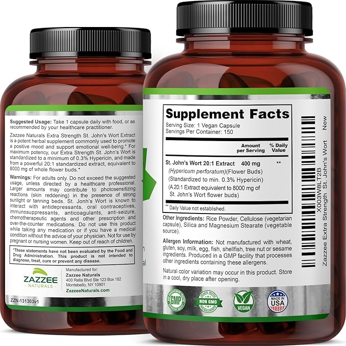 Zazzee Extra Strength St. John’s Wort 20:1 Extract, 8000 mg Strength, 0.3% Hypericin, 150 Vegan Capsules, 5 Month Supply, Concentrated, Standardized 20X Extract, 100% Vegetarian, Non-GMO, All-Natural