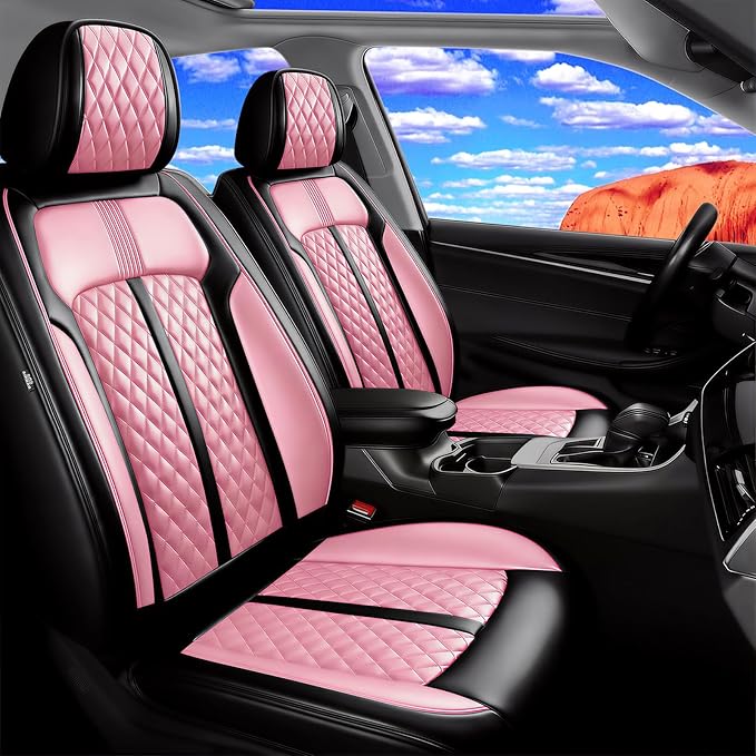 Fit Trax Car Seat Covers for Chevrolet/Chevy Trax 2015-2026, Premium Full Coverage Leather, Waterproof All Weather Seat Protector, Airbag Compatible, Scratch Resistant, Front Pair Black+Pink