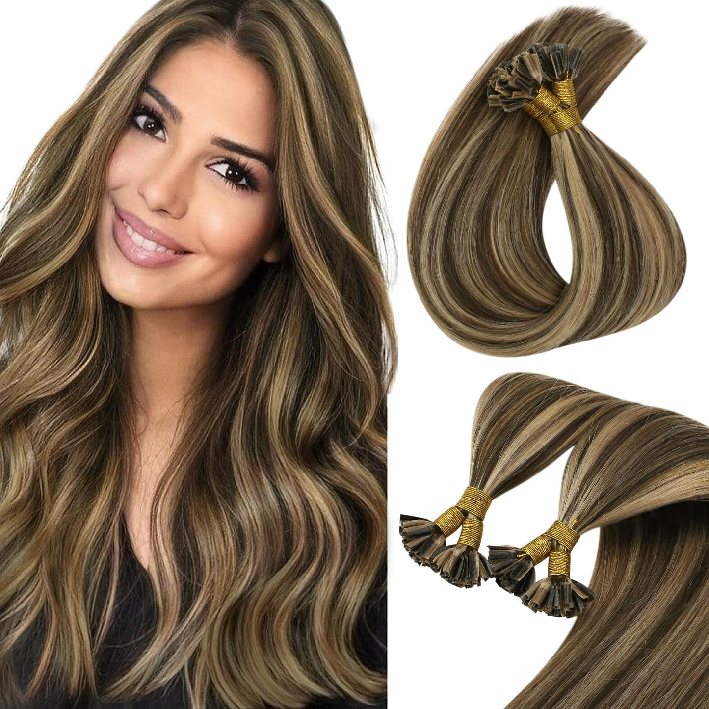 Sunny U Tip Hair Extensions Human Hair Medium Brown Highlights Caramel Blonde Utip Hair Extensions Pre Bonded U Tips Human Hair