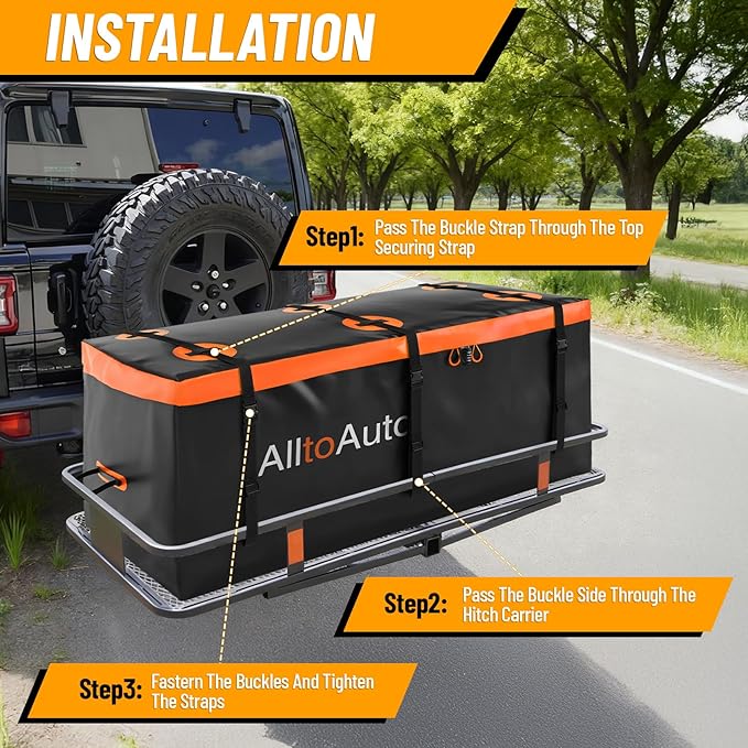 50 CuFt Waterproof Cargo Bag for Hitch Carrier | 72"x36"x35" Trailer Hitch Cargo Carrier | Weatherproof Truck Bed Storage with Straps, Lock & Carry Case | PVC Vehicle Soft-Shell Carriers