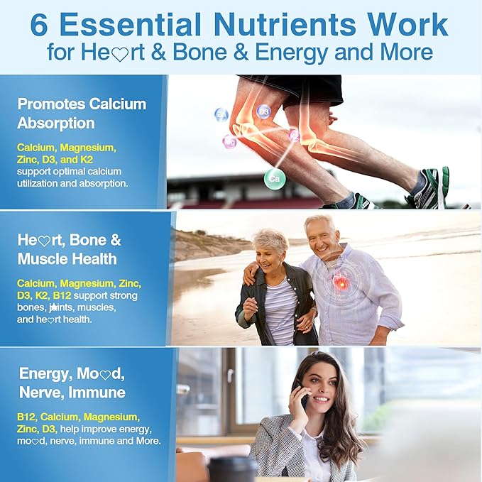 6-in-1 Plant Based Calcium Supplements for Women Men- Calcium 600mg w/ D3 K2 5000 IU Vitamin, Liposomal & Algae Ca-lcium Magnesium Zinc + Vegan Vitamin D 5000 IU + K2 MK7 + Methyl B12 for Bone, 1 Pack
