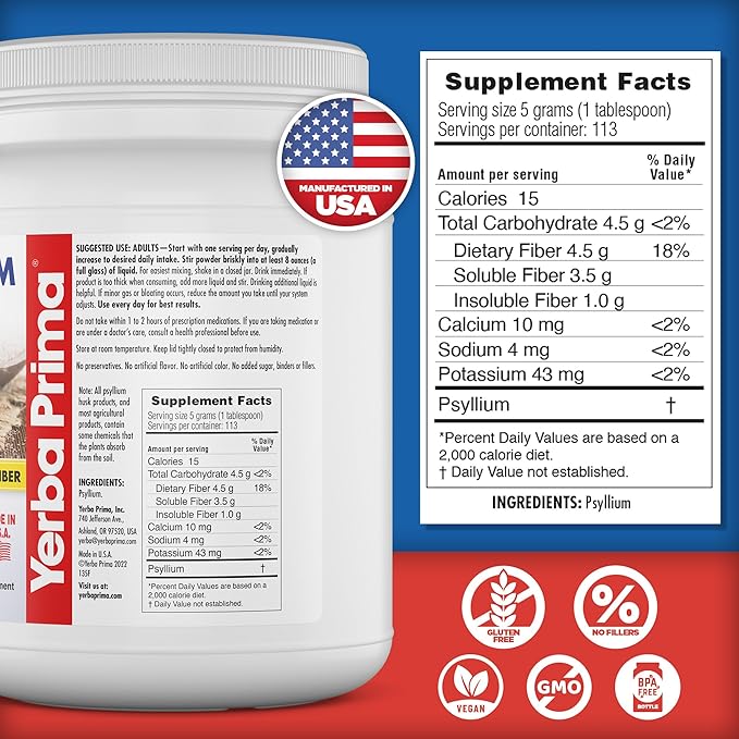 Yerba Prima Whole Psyllium Husk Fiber Supplement 20 oz (Pack of 2) - Vegan, Gluten Free, Non-GMO