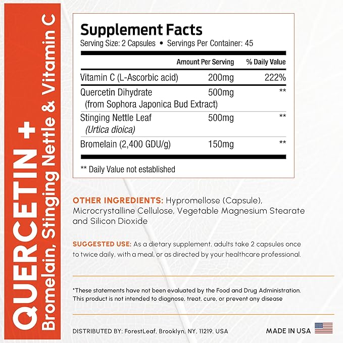 ForestLeaf Quercetin with Bromelain - 1350mg Blend with Vitamin C & Stinging Nettle, Advanced Quercetin 500mg Supplement, Non-GMO Gluten Free, Natural Immune & Respiratory Function 180 Veggie Capsules
