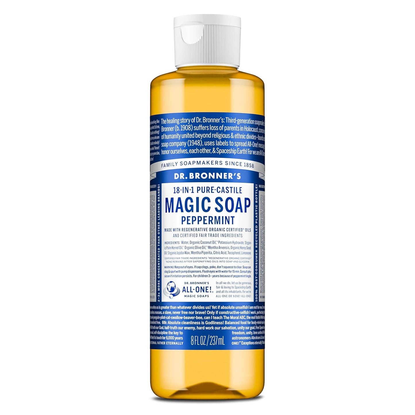 Dr. Bronner's Peppermint Pure-Castile Liquid Soap | 16 Oz | 2-Pack | Vegan & Organic