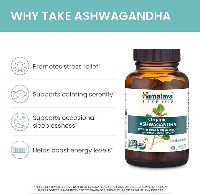 Himalaya Organic Ashwagandha, 90 Day Supply, Herbal Supplement for Stress Relief, Energy Support, Occasional Sleeplessness, USDA Certified Organic, Non-GMO, Vegan, Gluten Free, 670 mg, 90 Caplets