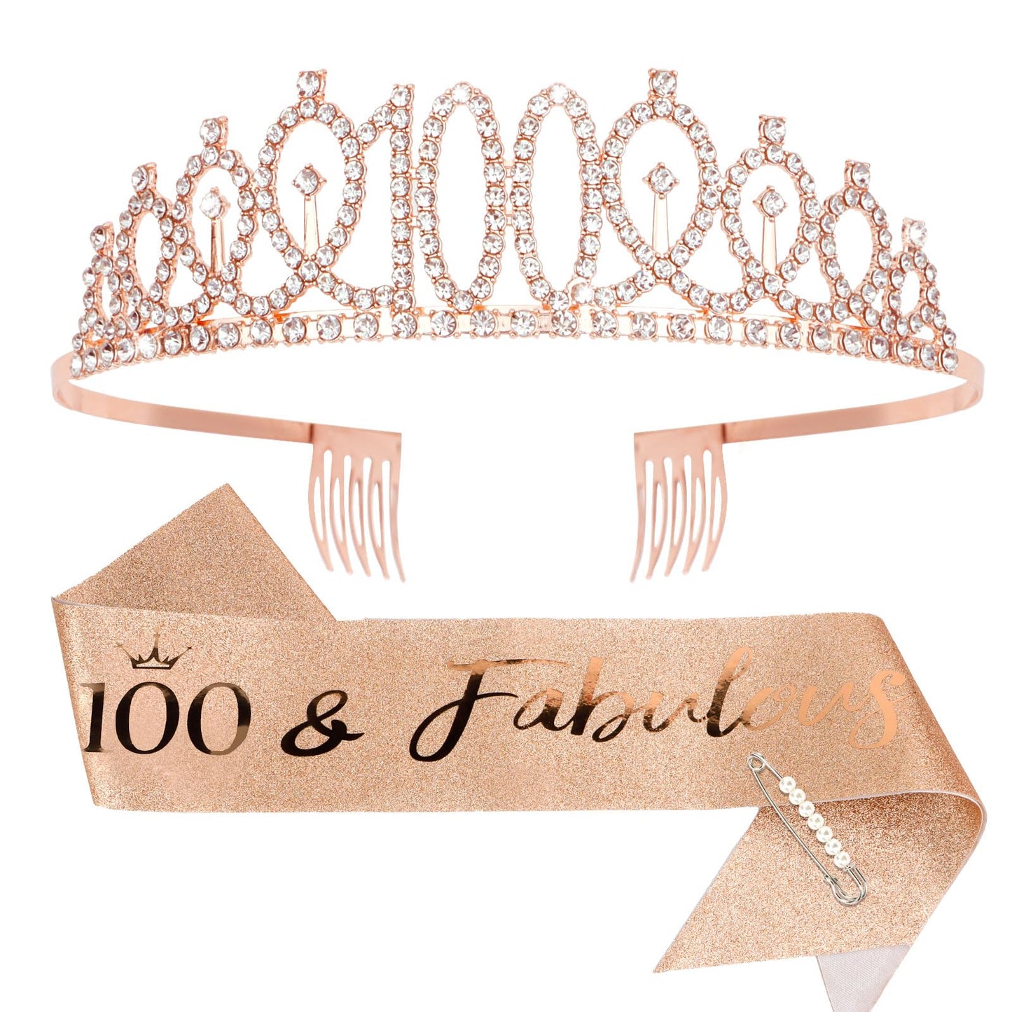 Cieher 100Th Birthday Crown + 100 & Fabulous Birthday Sash + Pearl Pin Set, 100Th Birthday Gifts For Women Friends 100Th Birthda