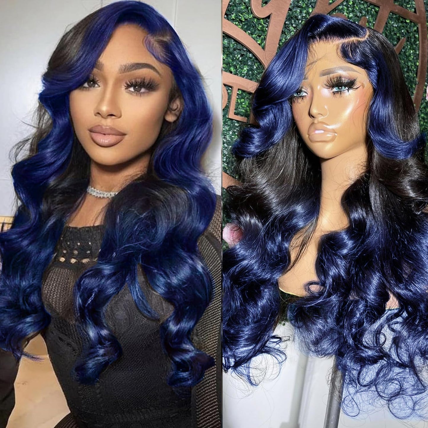 Yms Ombre Blue 13X4 Hd Lace Front Wigs Human Hair 180% Density Dark Blue Human Hair Wigs For Women Blue Skunk Stripe Glueless Wi