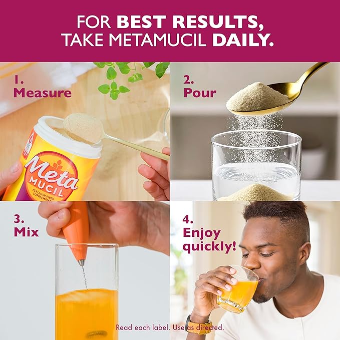 Metamucil 4 in 1 Daily Fiber Supplement Powder, Fiber Powder for Digestive Health and Regularity*, Sugar-Free, Orange, Naturally Sourced Psyllium Fiber, 180 teaspoons