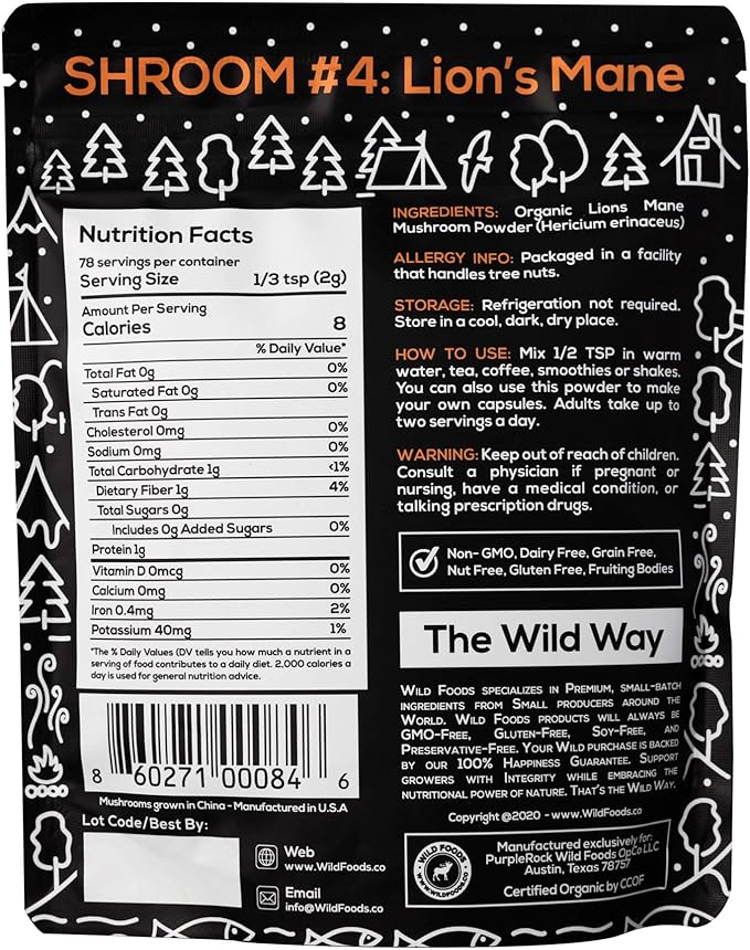 Wild Foods Lions Mane Powder Mushrooms Extract 10:1 | Organic Mushroom Powder | Adaptogenic Nootropic Herb for Brain Health, Memory and Focus(4 Ounce)