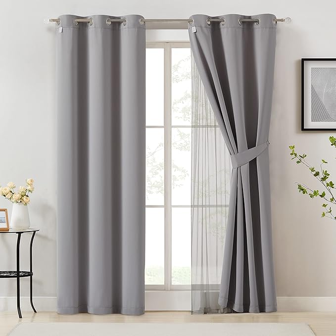Bujasso Grey 90% Blackout Curtains with Sheer Overlay Mix and Match Double Layer Window Curtains Thermal Insulated 63 inch for Living Room Bedroom Gray Drapes with Tiebacks Grommet Top 54" Wx63 Lx2