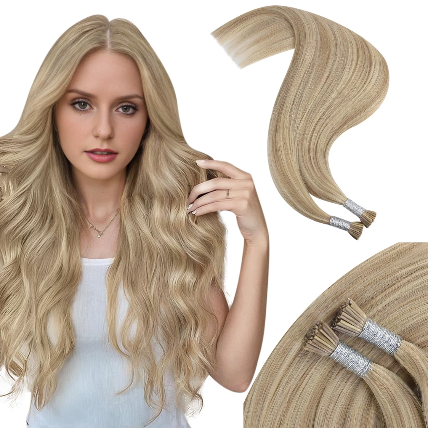 Moresoo Itip Human Hair Extensions Blonde I Tip Hair Extensions Human Hair Golden Blonde Highlight Ash Blonde Itip Hair Extensio