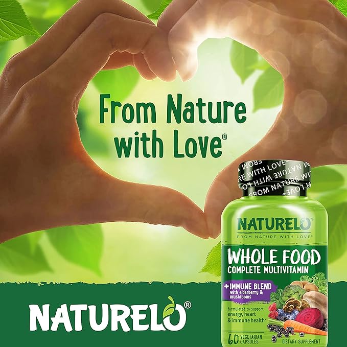 NATURELO Whole Food Multivitamin + Immune Blend with Elderberry & Mushrooms - Complete Multivitamin with Extra Immune Support - C, D3, Zinc, Elderberry, Reishi, Shitake, 60 Vegan Capsules (Pack of 2)