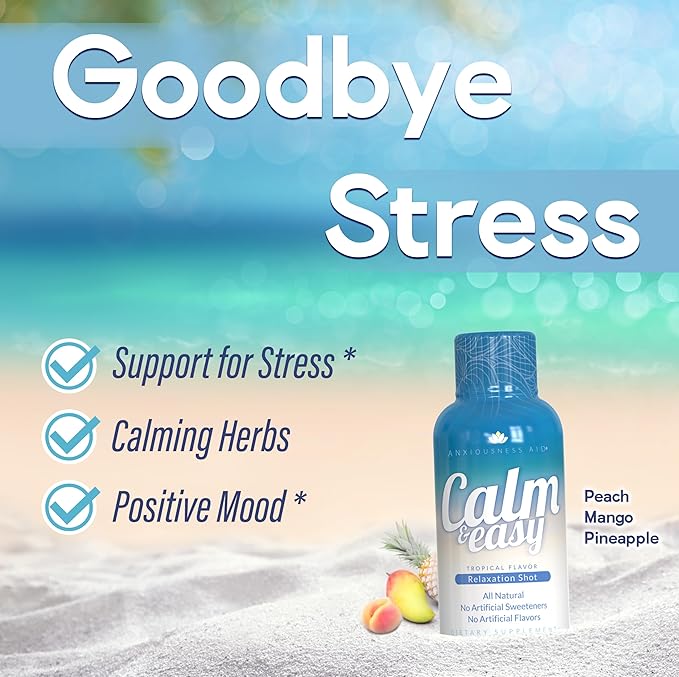 Calm & Easy - Natural Stress Relief Shot, KSM-66 Ashwagandha, Suntheanine L Theanine, Calming Adaptogen Drink, Relaxation, Focus, and Mood | 2 oz Liquid Bottle (6 Pack)