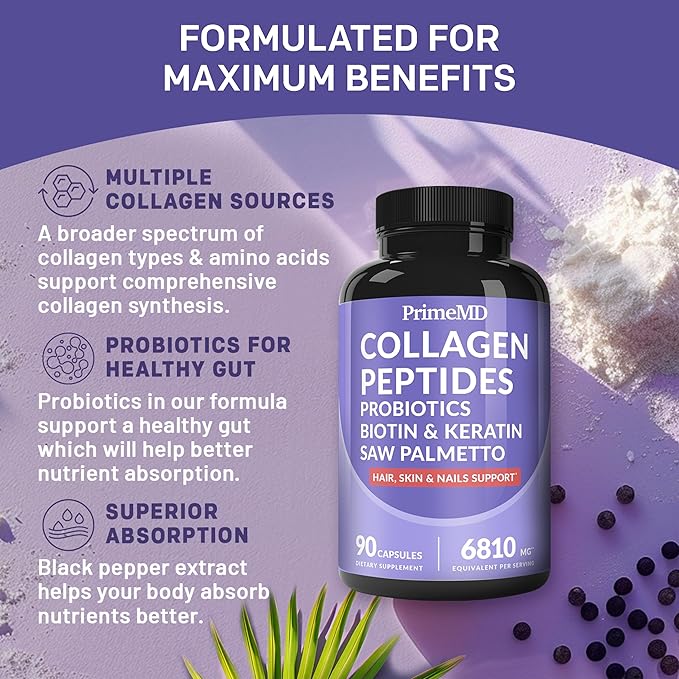 27-in-1 Hair Skin and Nails Vitamins (6810mg) with Biotin 10000mcg - Collagen Supplements for Men and Women - Keratin Supplements with Probiotics and Saw Palmetto, 90ct