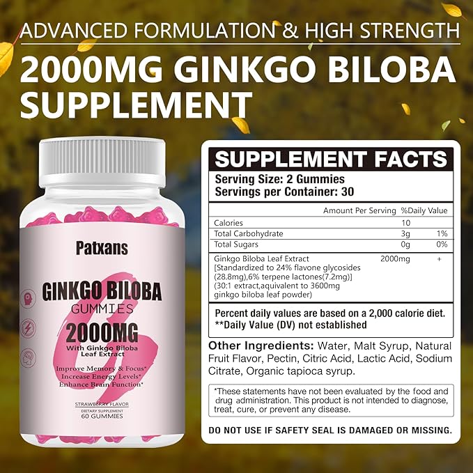 2 Packs 2000mg Ginkgo Biloba Gummies - Ginkgo Biloba Supplements for Brain Health Support, Improve Mood and Focus, Energy, Adult, Vegen, Non-GMO, Strawberry Flavor, 120 Count
